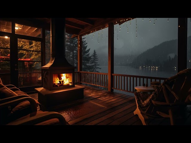 Cozy Porch in the Rain while Warm up with Cozy Fireplace | Sounds of Rain for Deep Sleep