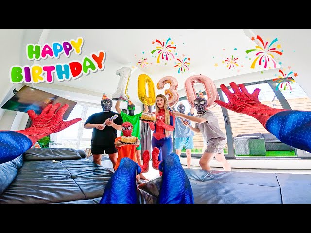 PRO 6 SUPERHERO TEAM And SPIDER-MOM & LITTLE-SPIDEY EPIC Birthday Party SURPRISE !!! (PARKOUR POV)