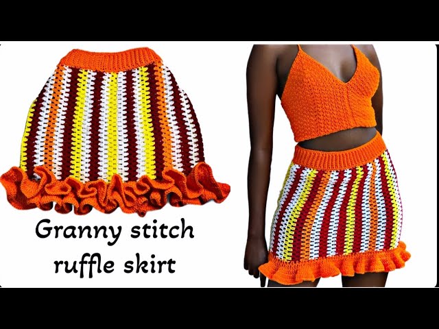 Granny stitch striped crochet ruffle mini skirt tutorial