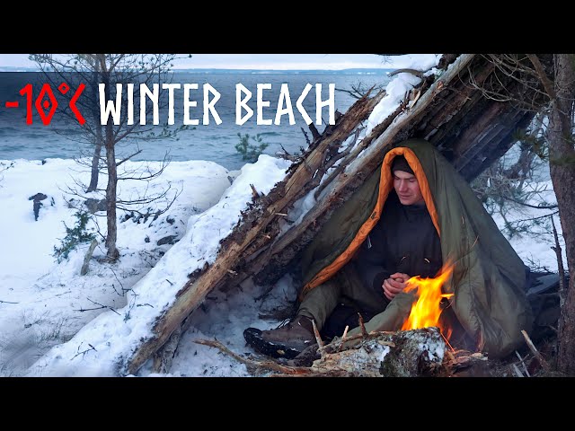 -10°C WINTER BEACH Camping: Building a  Shelter in Freezing Winds