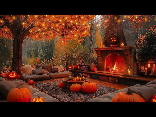 Autumn Porch Vibes 🍂 Enchanting Jazz Playlist and Gentle Fire Sounds for Cozy Fall Evenings 🎃