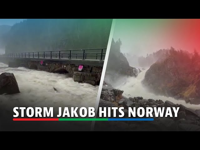 Overflowing river reaches bridge in Norway as Storm Jakob hits