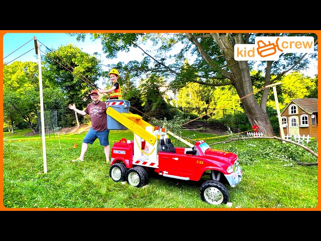 Fixing power outage with power wheels bucket truck and lighting bug lantern. Educational | Kid Crew