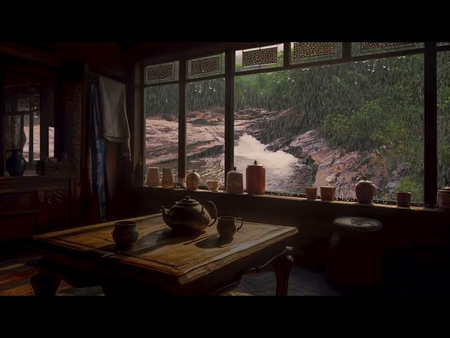 The Sound of Rain Beside The Flowing Stream in The Old Chinese Style House | Tea Break