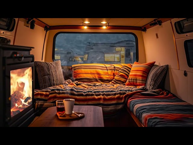 Camping team encountered a snowstorm and took shelter in the warm and comfortable RV to relax