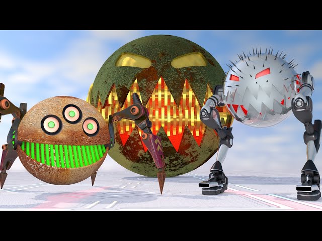 Golden Shredder Robot Pacman vs Quadruped Rusty Robot vs Walking Chrome Robot