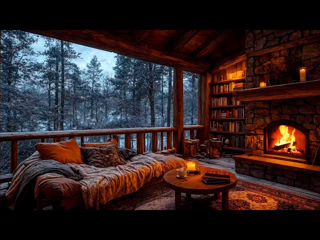 Warm Jazz Instrumental Music & Crackling Fireplace Sounds - Cozy Winter Cabin Balcony Ambience ❄️