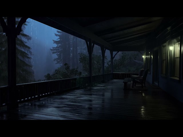 Fall Asleep Fast with Torrential Rain on Cabin Porch | Soothing Night Rain to Calm Your Mind