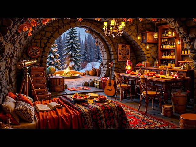 Cozy Stone Cabin Jazz Ambience ~ Smooth Winter Tunes and Firelight 🎷❄️