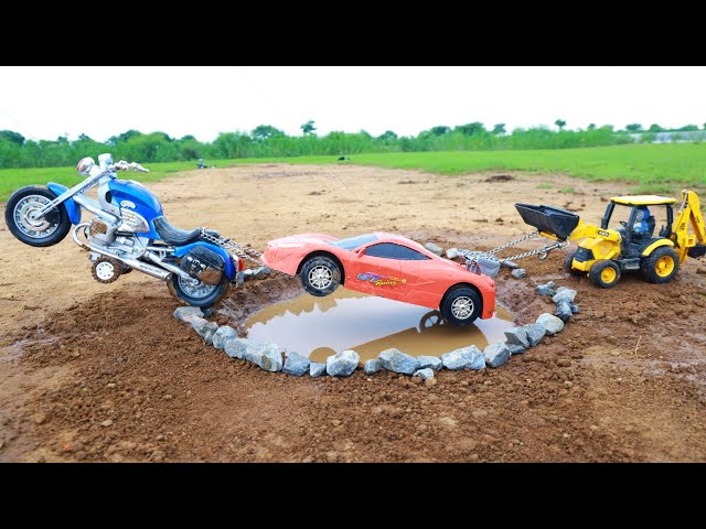 New Bugatti Car And New Jcb 3dx Xpert Accident Pulling Out Jcb 3dx Hero Bike ? Cartoon video | CSToy