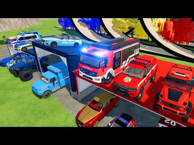 TRANSPORTING CARS, AMBULANCE, POLICE CARS, FIRE TRUCK, MONSTER TRUCK OF COLORS! WITH TRUCKS! - FS 22