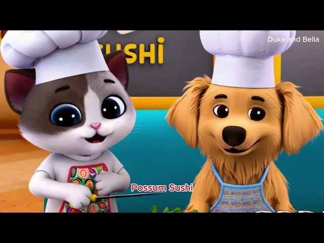 The Kitten and the Dog as Sushi Chefs in a Cozy Restaurant