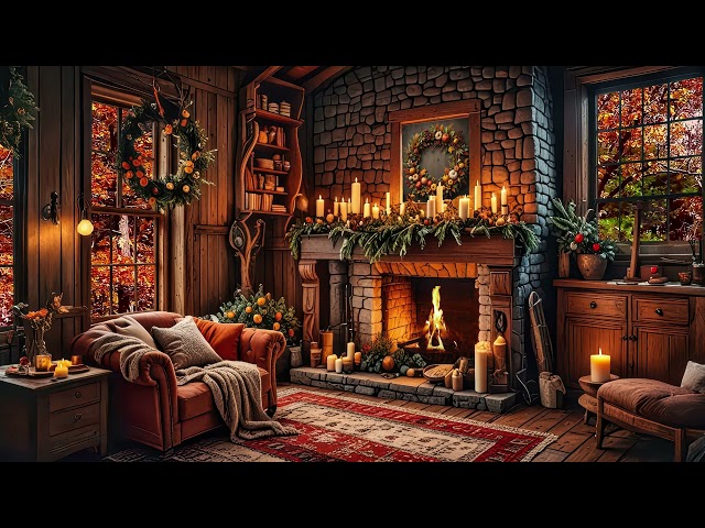 Beautiful Autumn Fireplace Ambience with Calming Piano Music for Stress Relief