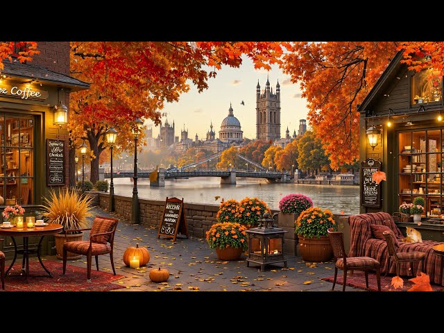 Autumn Coffee Shop Riverside with Gentle Jazz Background Music & Falling Leaves For Relax, Positive