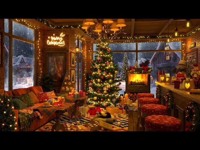 Christmas Jazz Relaxing Music with Crackling Fireplace 🎄Snow Falling Outside Cozy Christmas Ambience