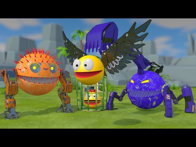 Pacman vs Blue Excavator Robot and Walking Combat Robot Monsters