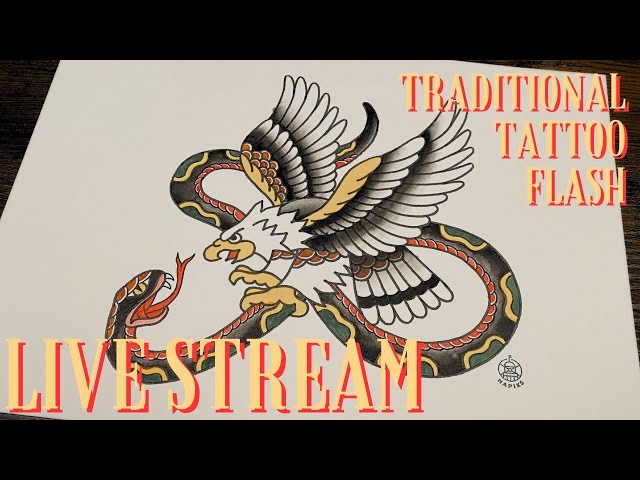 Experience Traditional Eagle and Snake Tattoo Flash Art LIVE!