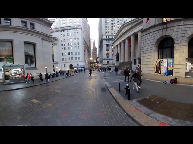 Walking across Wall Street toward Trinity Church New York City 4K 360 2019 Feb 4 real sound Unedited