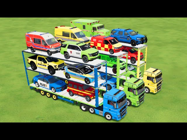 TRANSPORTING ALL POLICE CARS, AMBULANCE, FIRE TRUCK, COLORFUL CARS WITH TRUCK -FARMING SIMULATOR 22!