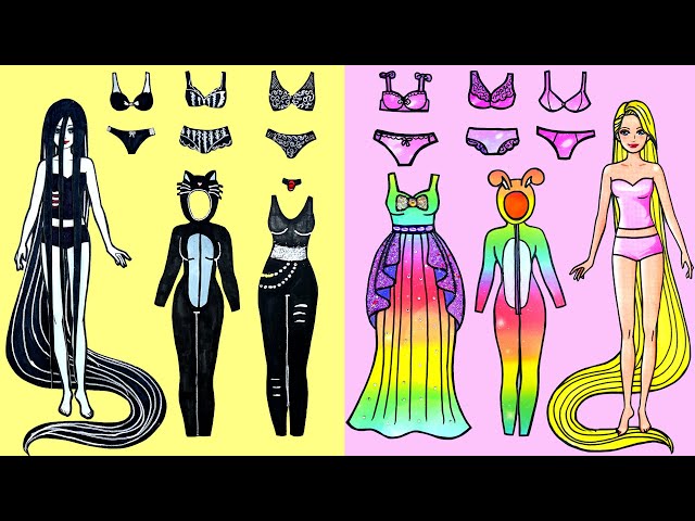 Vestir Muñecas De Papel | Sadako Black Cat Vs Rapunzel Rainbow Costume | Woa Doll En Spanish