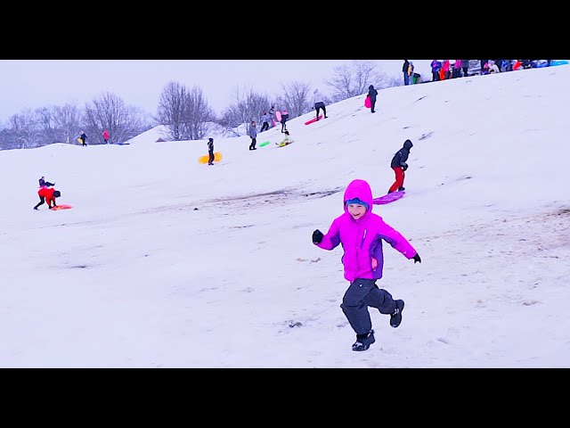 Nastya and friends having fun on the snow