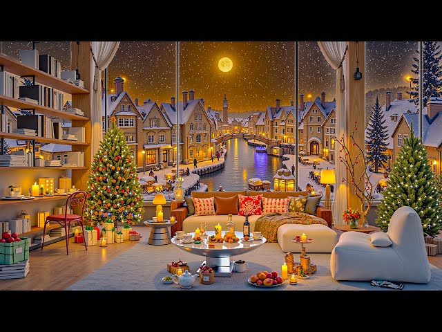 Holiday Jazz🧑‍🎄Cozy Café & Winter Life in a Small European Village ❄️ Relaxing Christmas Night Vibes