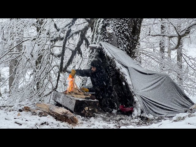 Caught in a SNOWSTORM - SURVIVAL without a TENT in a Winter Camping