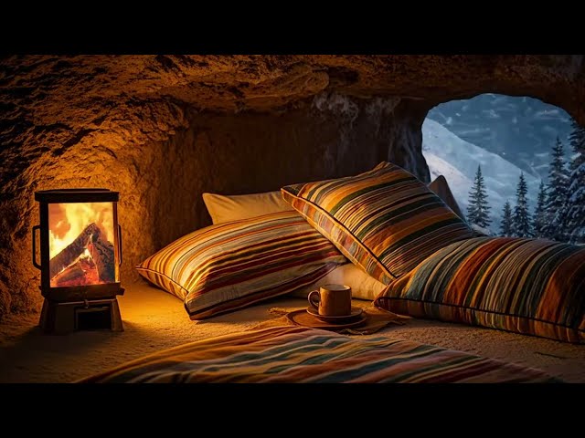 Encountering a blizzard in the wild, hiding in a cozy cave, sleeping with the fire and the snow.