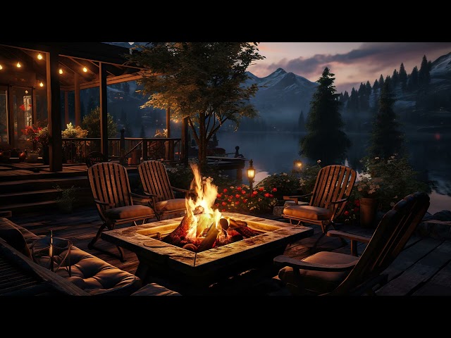 Cozy Wooden House with Relaxing Campfire in Night Ambience and Nature Sounds, Lake Waves for Sleep