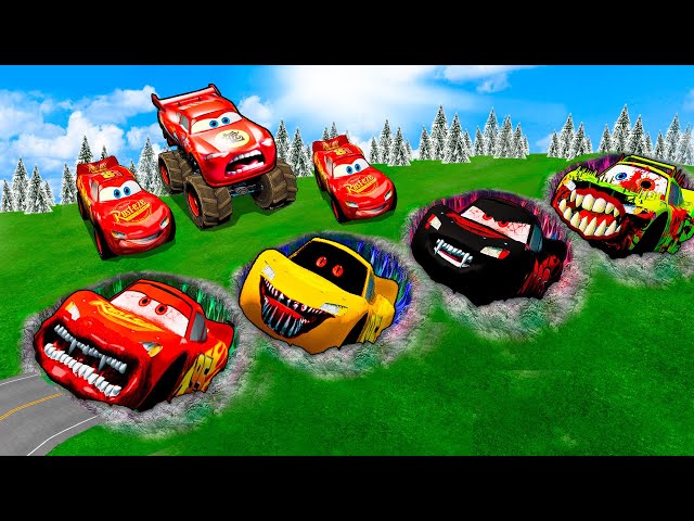 Mega pits with Evil Mcqueen and Monster Cars Vs Big & Small Lightning McQueen and Pixar Cars! BeamNG