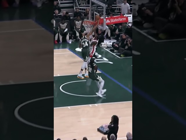 Giannis Antetokounmpo blocks the alley-oop attempt!