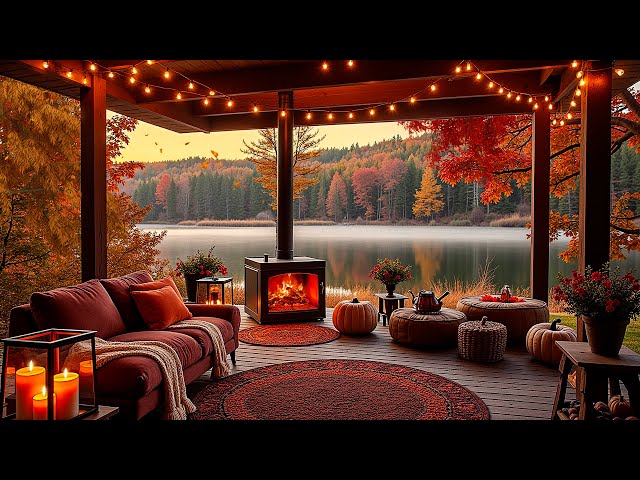 Cozy Fall Porch Ambience🍂 Warm Morning With Smooth Jazz Music & Crackling Fireplace For Work,