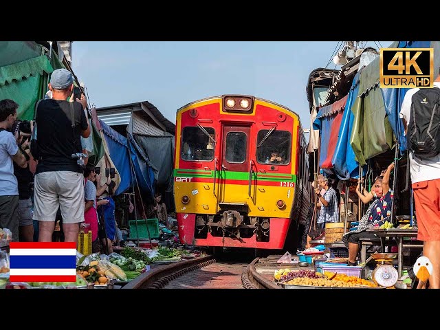 Maeklong Railway, Thailand🇹🇭 The Most Dangerous Train Market in Thailand (4K HDR)