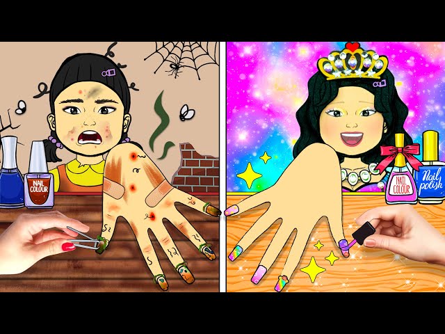 RICH Nail & POOR Nail - Squid Game 2: Beauty Contest - DIY Barbie Makeup & Dress Up | Doll Spanish