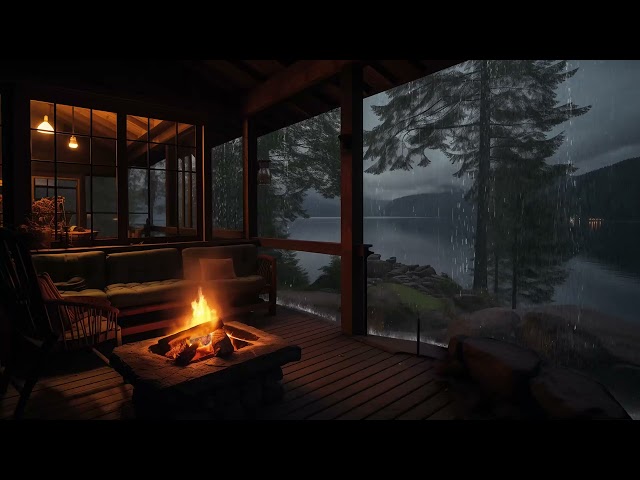 Rain on the Porch by the Lake | Cozy Fireplace Sounds for Relaxation