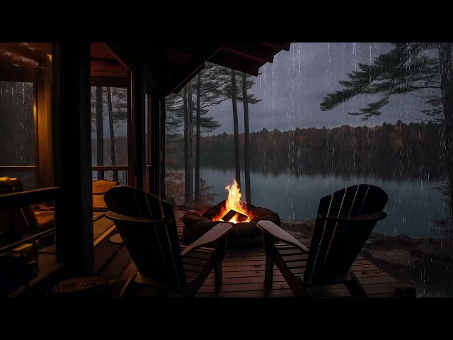 Rainy Day in Cabin by the Lake: Cozy Fire Pit Ambiance for Relaxation