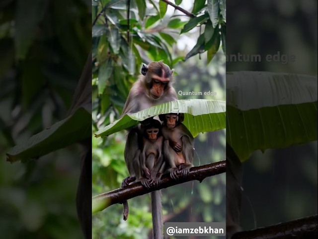 Mama Monkey Shields her Babies From Rain again ! 🌧️ 🐒