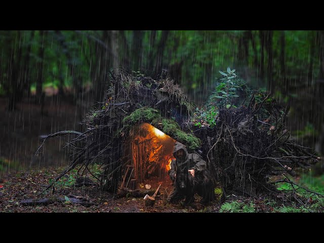 RAINSTORM SURVIVAL! Can I survive 2 Days in a Secret Fallen Tree Shelter?