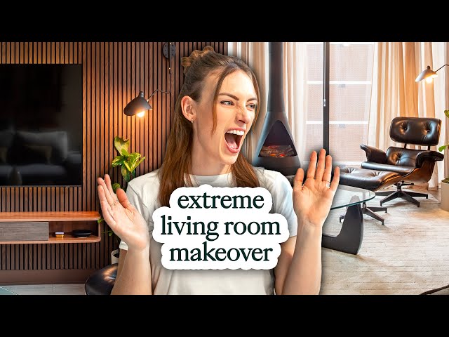 EXTREME modern living room makeover | Eames chair, slat wall & DIY fireplace