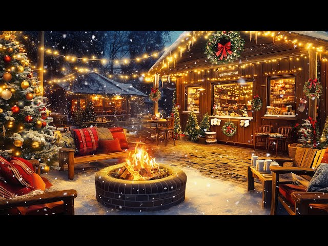 Snow Falling at Outdoor Coffee Shop❄️ Relaxing Christmas Jazz Music for Your Holiday