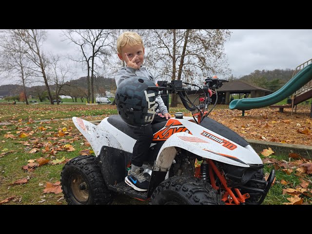 3-year-old first ATV trail ride!  Kayo 70 cc no throttle restriction.