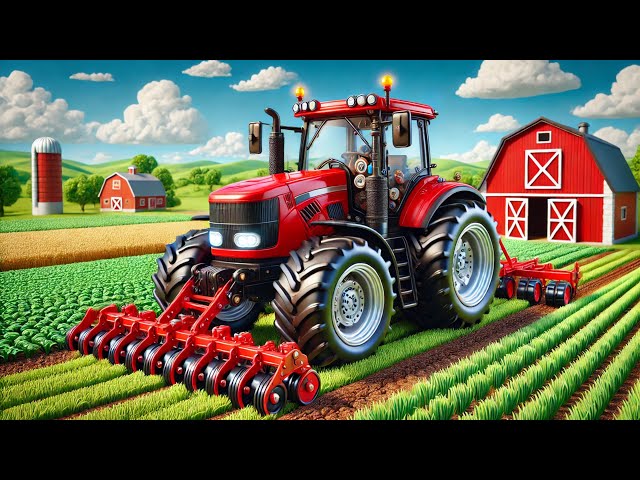 New Tractor Model with New Tires - Powerful Engine and Red Color of Tractor on Animated Farm