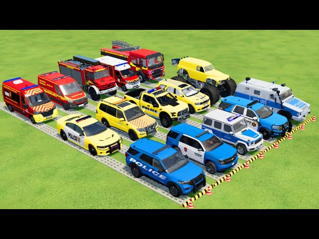 TRANSPORTING ALL POLICE CARS, AMBULANCE, FIRE TRUCK, MONSTER TRUCK, COLORFUL CARS WITH TRUCK -FS22