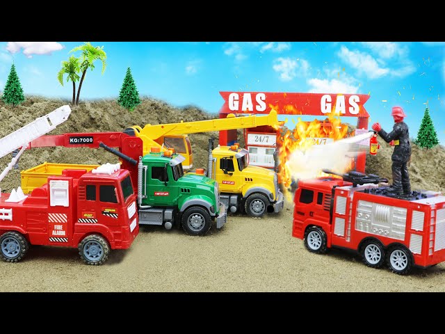 Rescue a burning gas station with a fire truck, crane, and truck | Mega Trucks