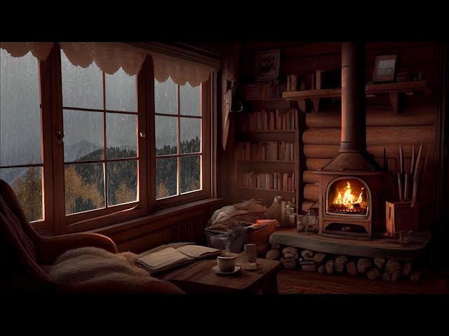 Rain Sounds and Thunder in Cozy Cottage Ambience with Crackling Fireplace Sounds