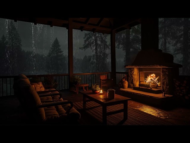 Rain Ambience on Porch | Cozy Rain Sounds drop on Roof in the Forest with Cozy Fireplace