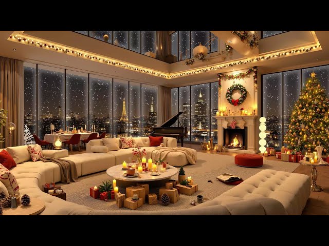 ❄ Snowy Night at Cozy Luxury Apartment 🎄 Jazz and Fireplace Sounds to Good Sleep & Stress Relief