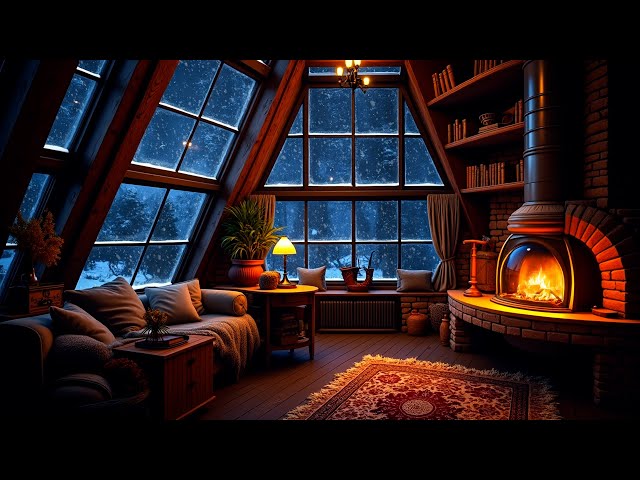 Relaxing Jazz And Crackling Fireplace in a Cozy Winter Hut - Cozy Ambience For Sleep, Relax, Study