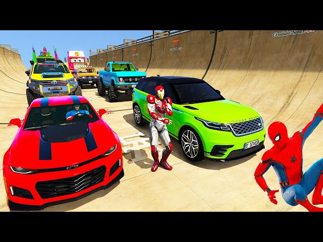 SPIDERMAN CARS Color BLOCKS Ramp SEA Challenge ! SUPERHERO HULK Epic New Stunts Racing CAR - GTA V