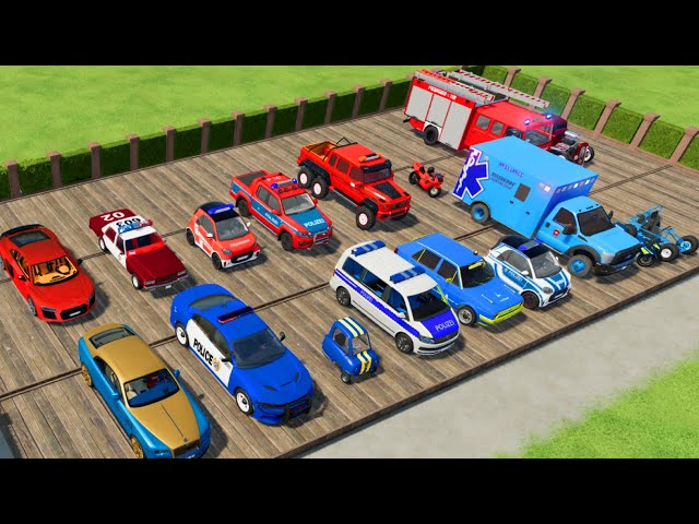 TRANSPORTING CARS, AMBULANCE, POLICE CARS, FIRE TRUCK OF COLORS! WITH TRUCKS! - FS 22